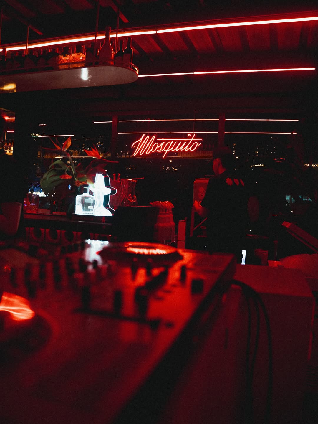 Mosquito Rooftop de noche — letrero de neón y barra, El Poblado, Medellín